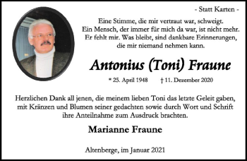 Anzeige von Antonius Fraune von Westfälische Nachrichten