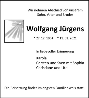 Anzeige von Wolfgang Jürgens von Westfälische Nachrichten