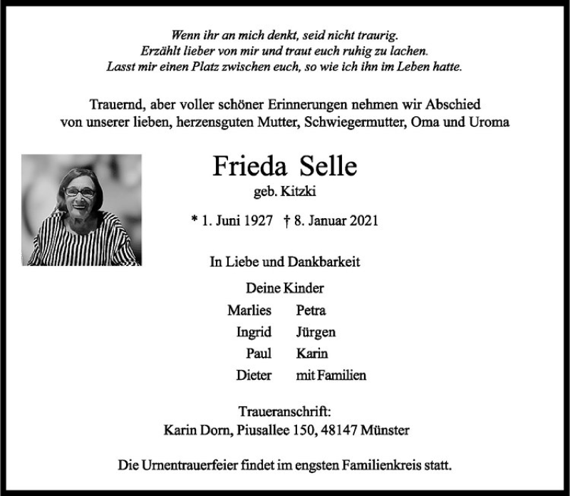  Traueranzeige für Frieda Selle vom 13.01.2021 aus Westfälische Nachrichten