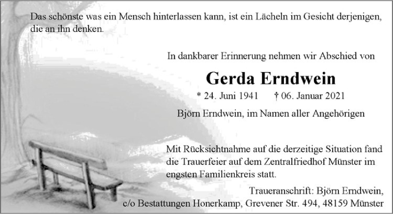  Traueranzeige für Gerda Erndwein vom 13.01.2021 aus Westfälische Nachrichten