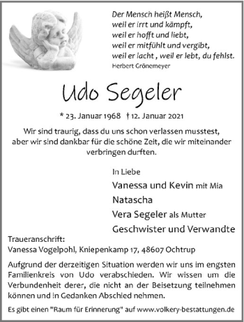 Anzeige von Udo Segeler von Westfälische Nachrichten