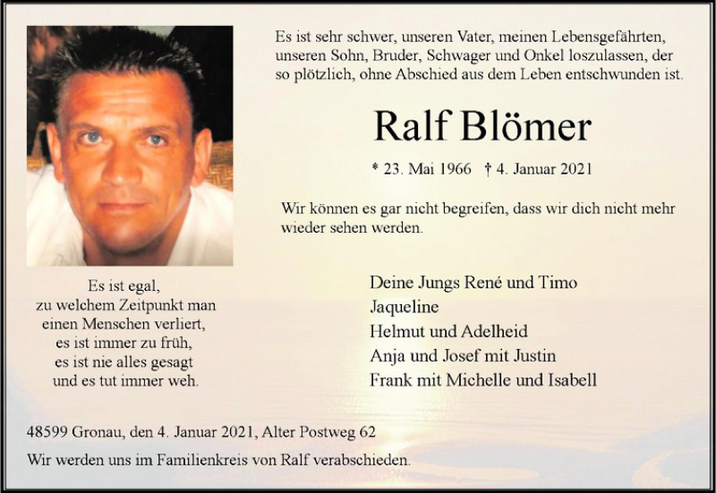  Traueranzeige für Ralf Blömer vom 09.01.2021 aus Westfälische Nachrichten