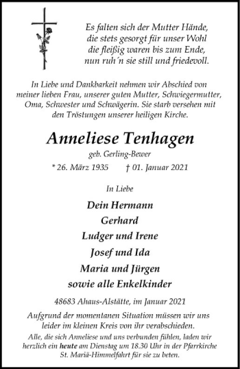Anzeige von Anneliese Tenhagen von Westfälische Nachrichten