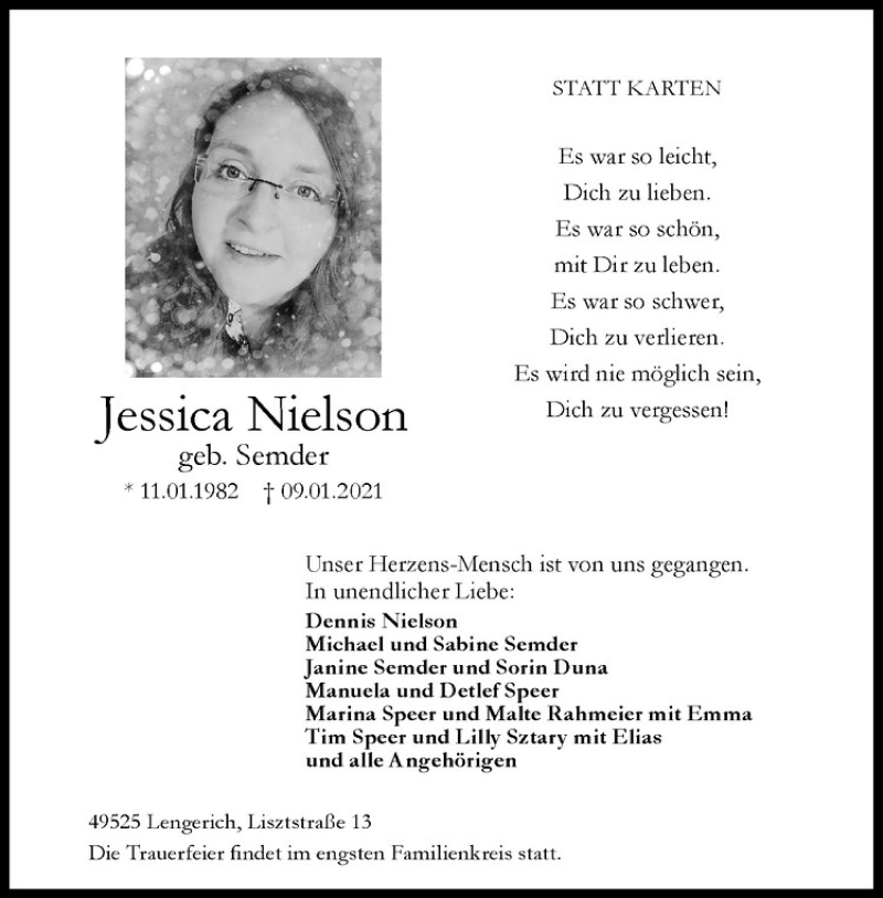  Traueranzeige für Jessica Nielson vom 19.01.2021 aus Westfälische Nachrichten