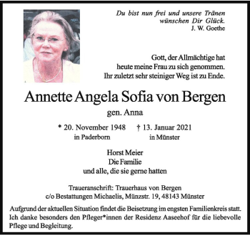 Anzeige von Annette Angela Sofia von Bergen von Westfälische Nachrichten