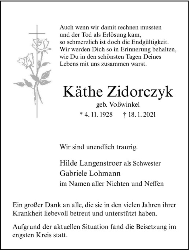  Traueranzeige für Käthe Zidorczyk vom 30.01.2021 aus Westfälische Nachrichten