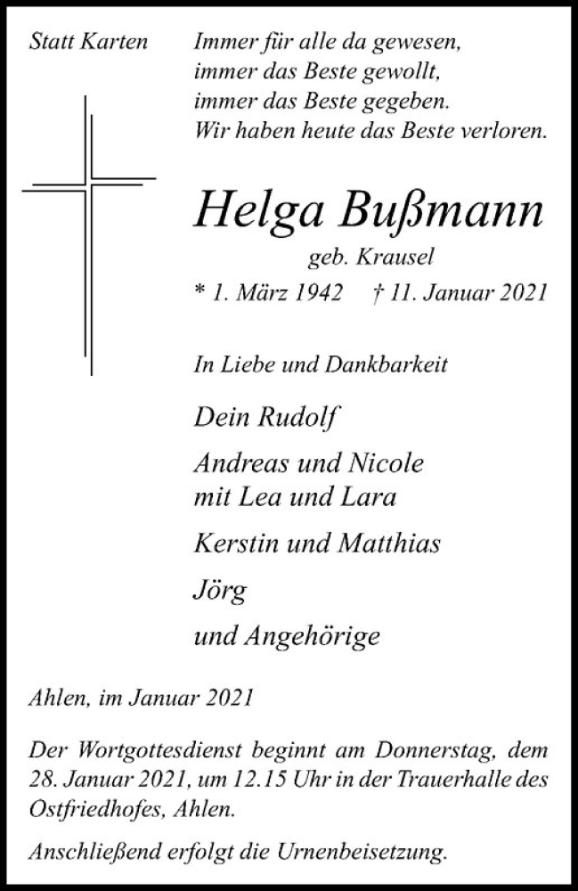  Traueranzeige für Helga Bußmann vom 16.01.2021 aus Westfälische Nachrichten