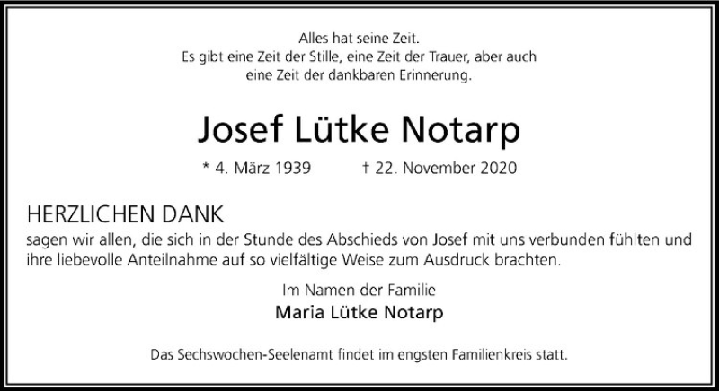  Traueranzeige für Josef Lütke Notarp vom 16.01.2021 aus Westfälische Nachrichten