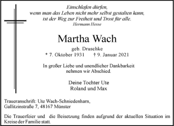 Anzeige von Martha Wach von Westfälische Nachrichten