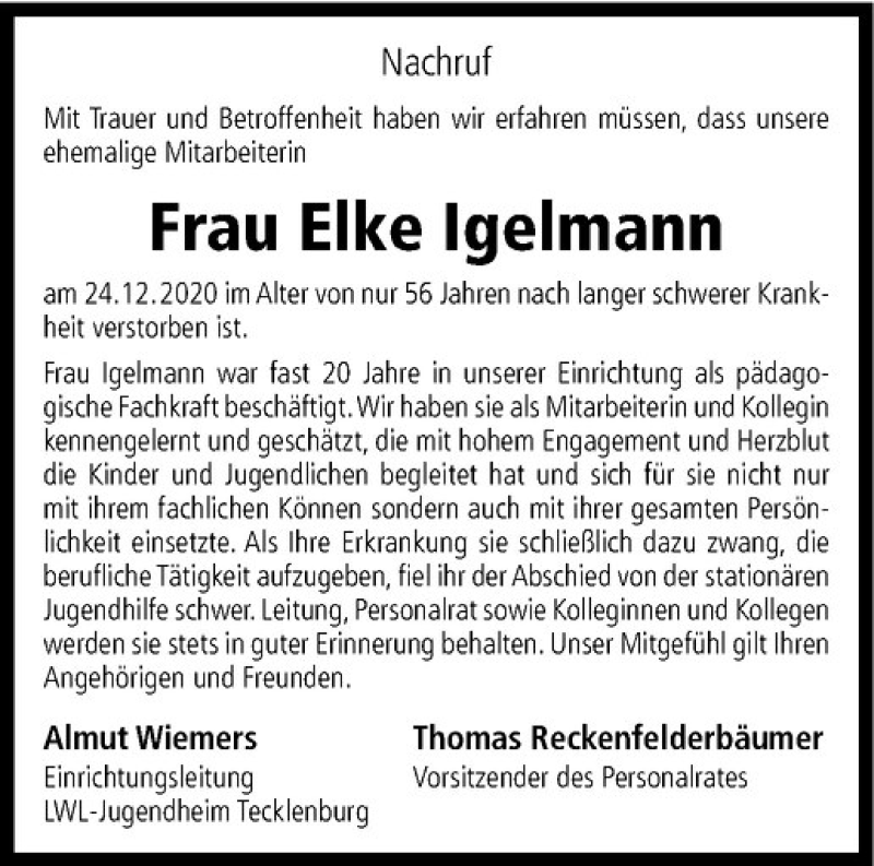  Traueranzeige für Elke Igelmann vom 22.01.2021 aus Westfälische Nachrichten