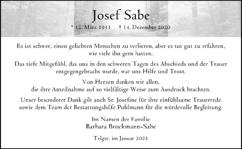  Traueranzeige für Josef Sabe vom 23.01.2021 aus Westfälische Nachrichten