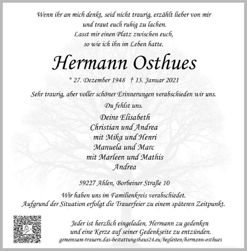  Traueranzeige für Hermann Osthues vom 20.01.2021 aus Westfälische Nachrichten