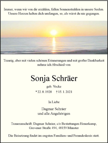 Anzeige von Sonja Schräer von Westfälische Nachrichten