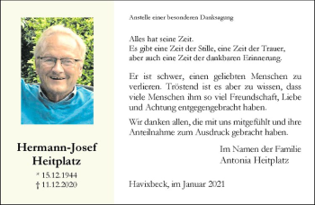 Anzeige von Hermann-Josef Heitplatz von Westfälische Nachrichten