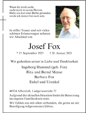 Anzeige von Josef Fox von Westfälische Nachrichten