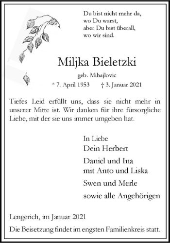 Anzeige von Miljka Bieletzki von Westfälische Nachrichten