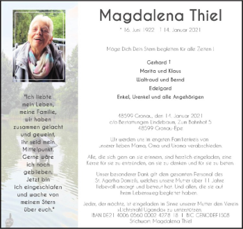 Anzeige von Magdalena Thiel von Westfälische Nachrichten