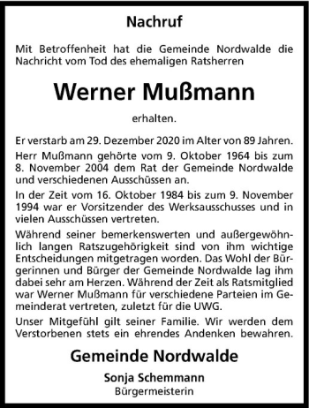 Anzeige von Werner Mußmann von Westfälische Nachrichten