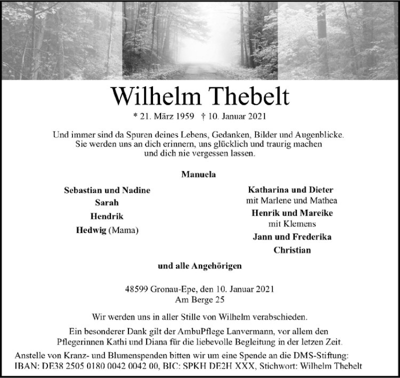  Traueranzeige für Wilhelm Thebelt vom 16.01.2021 aus Westfälische Nachrichten