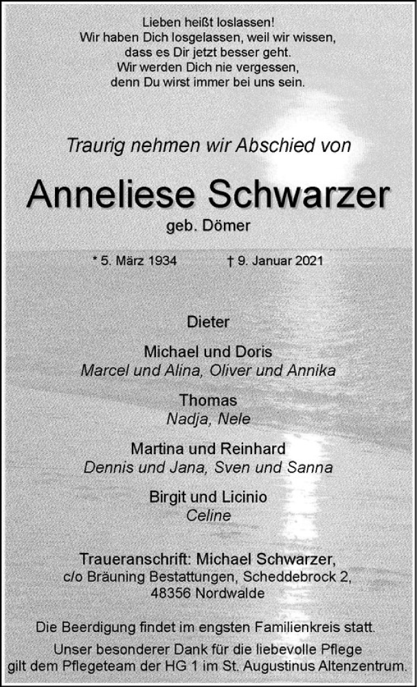  Traueranzeige für Anneliese Schwarzer vom 12.01.2021 aus Westfälische Nachrichten