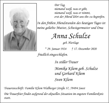 Anzeige von Anna Schulze von Westfälische Nachrichten