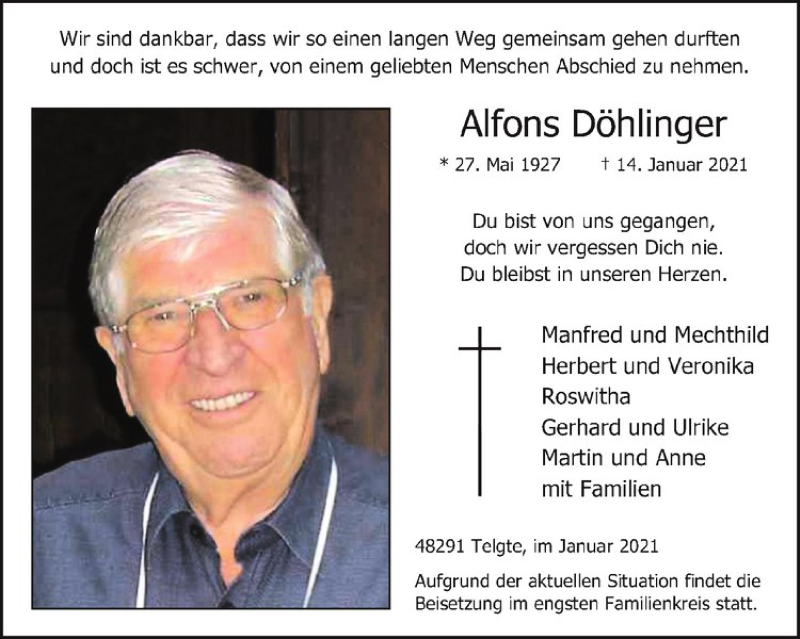  Traueranzeige für Alfons Döhlinger vom 20.01.2021 aus Westfälische Nachrichten