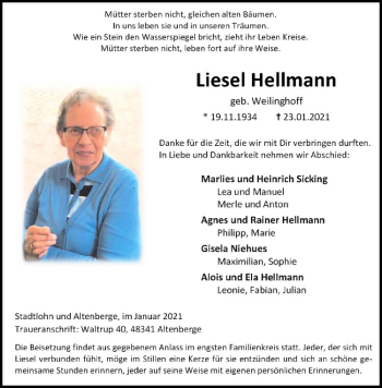Anzeige von Liesel Hellmann von Westfälische Nachrichten