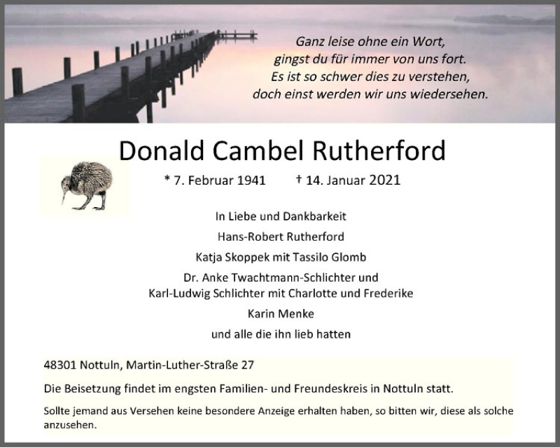  Traueranzeige für Donald Cambel Rutherford vom 16.01.2021 aus Westfälische Nachrichten