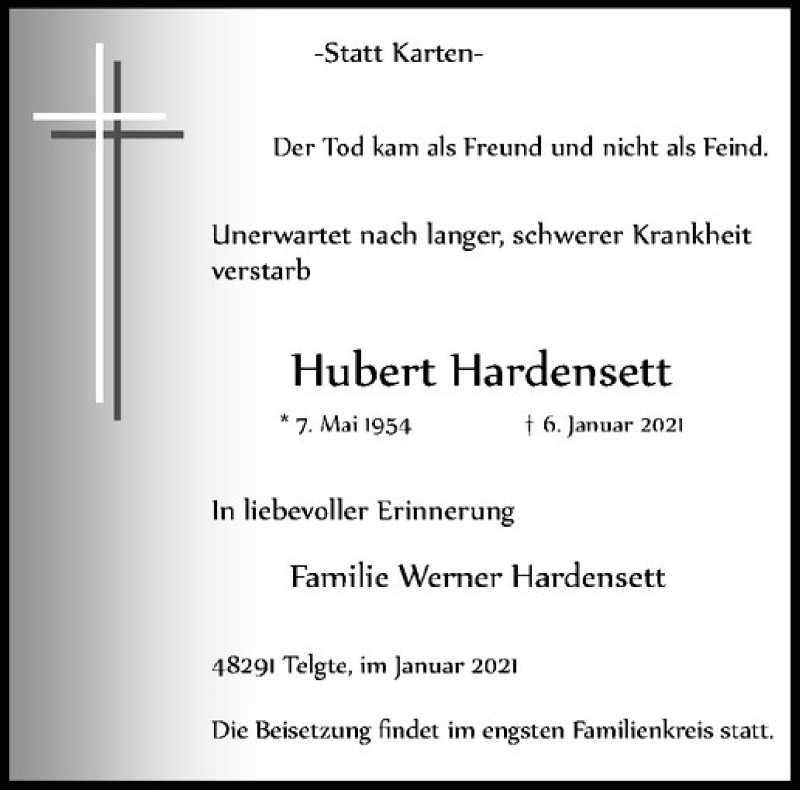  Traueranzeige für Hubert Hardensett vom 09.01.2021 aus Westfälische Nachrichten