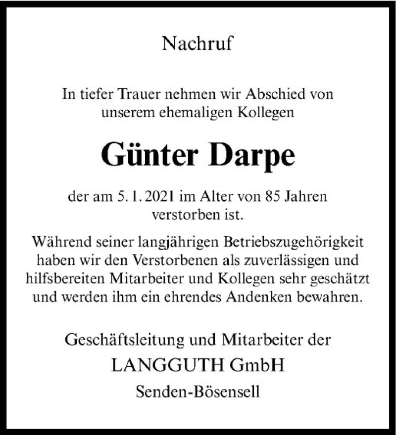  Traueranzeige für Günter Darpe vom 16.01.2021 aus Westfälische Nachrichten