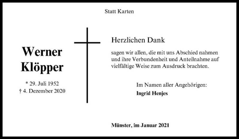  Traueranzeige für Werner Klöpper vom 06.01.2021 aus Westfälische Nachrichten