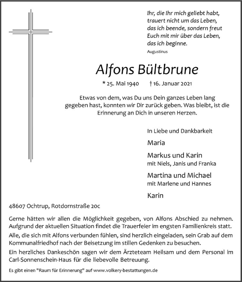 Traueranzeige für Alfons Bültbrune vom 19.01.2021 aus Westfälische Nachrichten