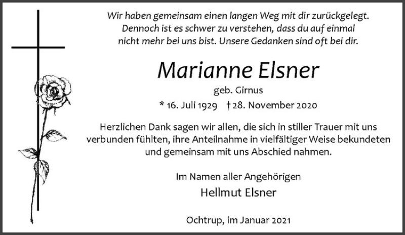  Traueranzeige für Marianne Elsner vom 13.01.2021 aus Westfälische Nachrichten