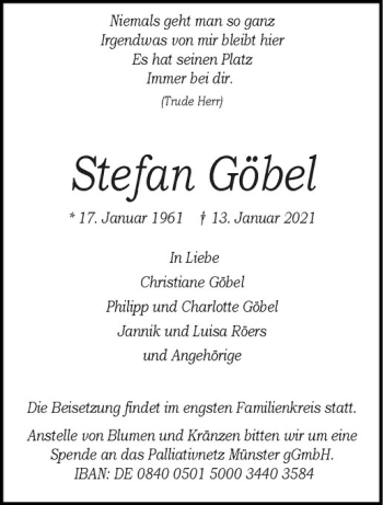 Anzeige von Stefan Göbel von Westfälische Nachrichten