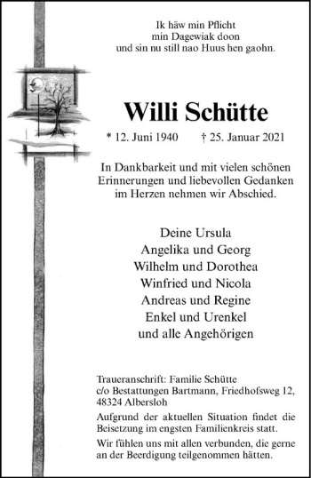 Anzeige von Willi Schütte von Westfälische Nachrichten