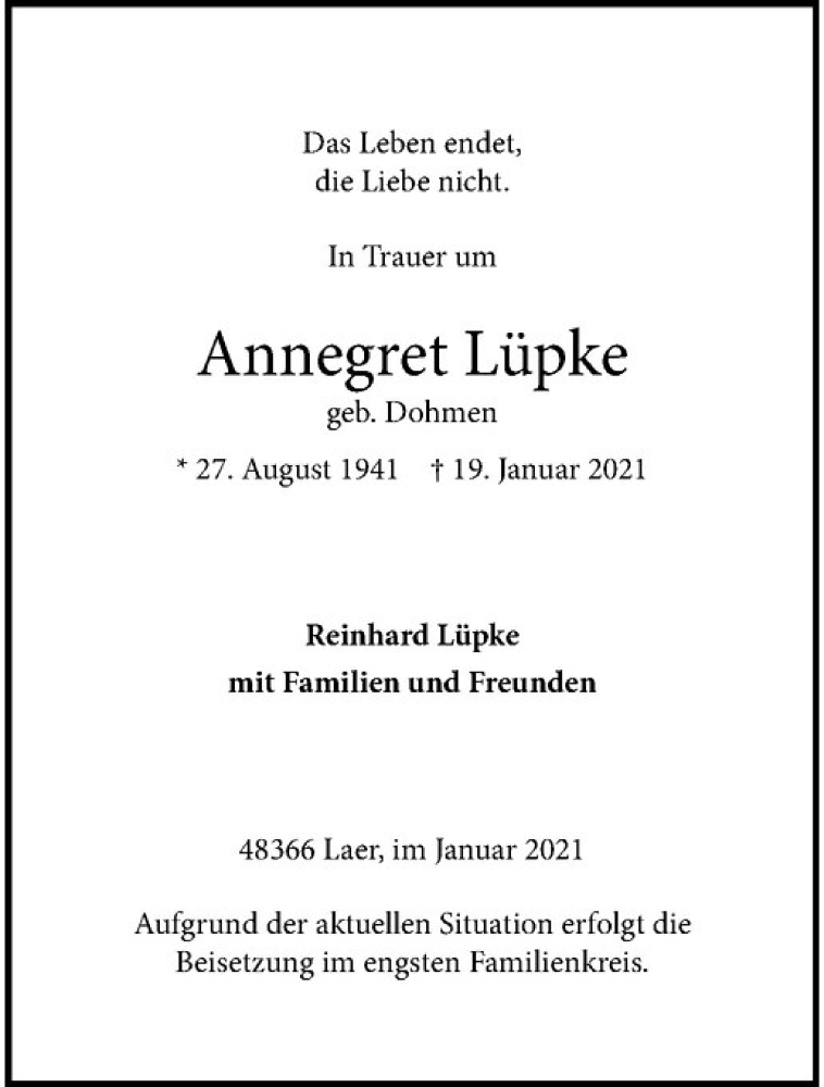  Traueranzeige für Annegret Lüpke vom 23.01.2021 aus Westfälische Nachrichten