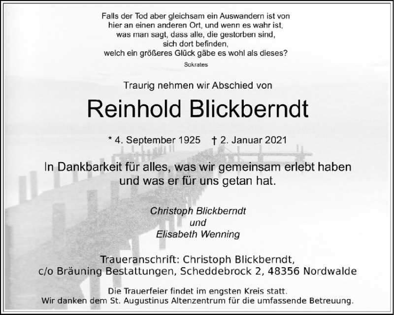  Traueranzeige für Reinhold Blickberndt vom 06.01.2021 aus Westfälische Nachrichten