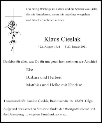 Anzeige von Klaus Cieslak von Westfälische Nachrichten