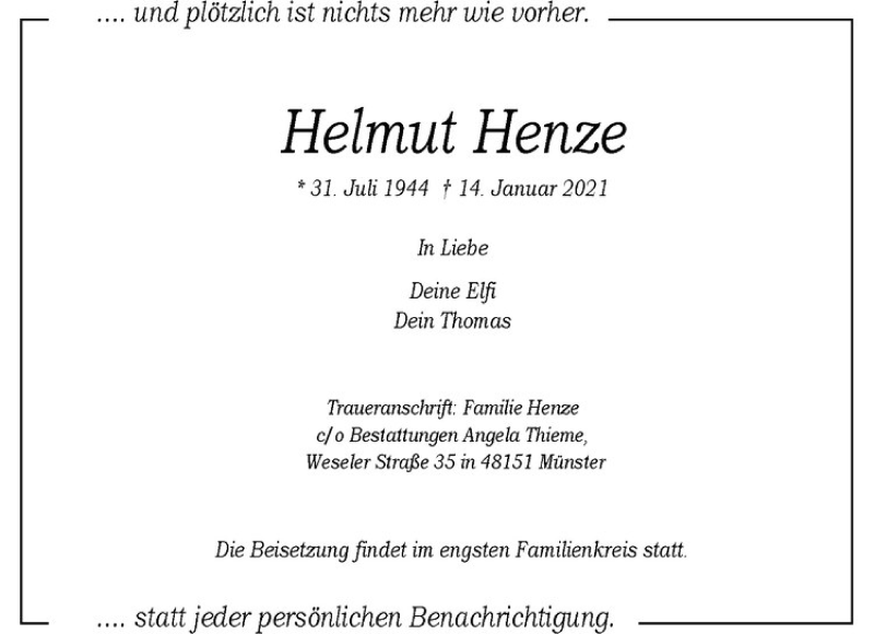  Traueranzeige für Helmut Henze vom 23.01.2021 aus Westfälische Nachrichten