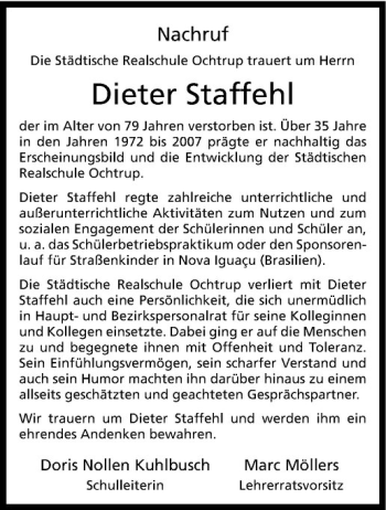 Anzeige von Dieter Staffehl von Westfälische Nachrichten