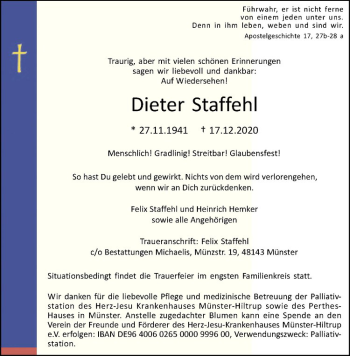 Anzeige von Dieter Staffehl von Westfälische Nachrichten