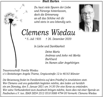 Anzeige von Clemens Wiedau von Westfälische Nachrichten