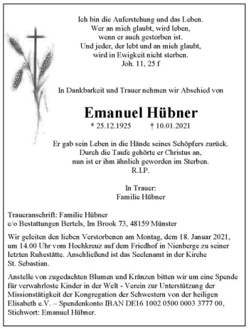 Anzeige von Emanuel Hübner von Westfälische Nachrichten