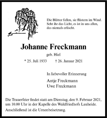 Anzeige von Johanne Freckmann von Westfälische Nachrichten