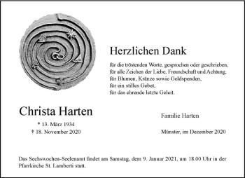Anzeige von Christa Harten von Westfälische Nachrichten