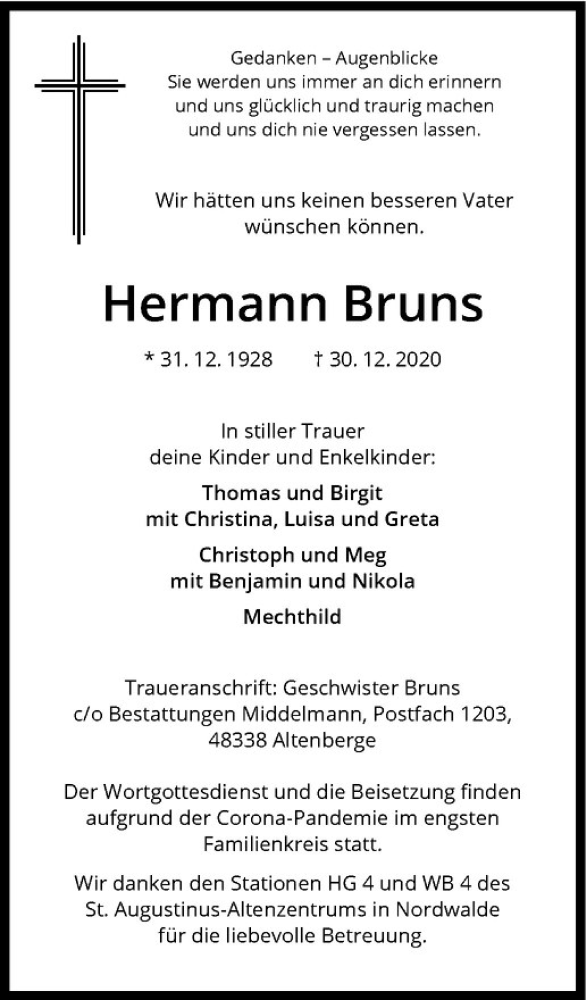  Traueranzeige für Hermann Bruns vom 06.01.2021 aus Westfälische Nachrichten