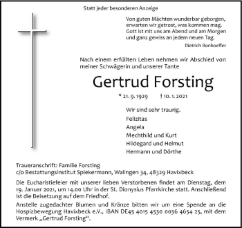 Anzeige von Gertrud Forsting von Westfälische Nachrichten