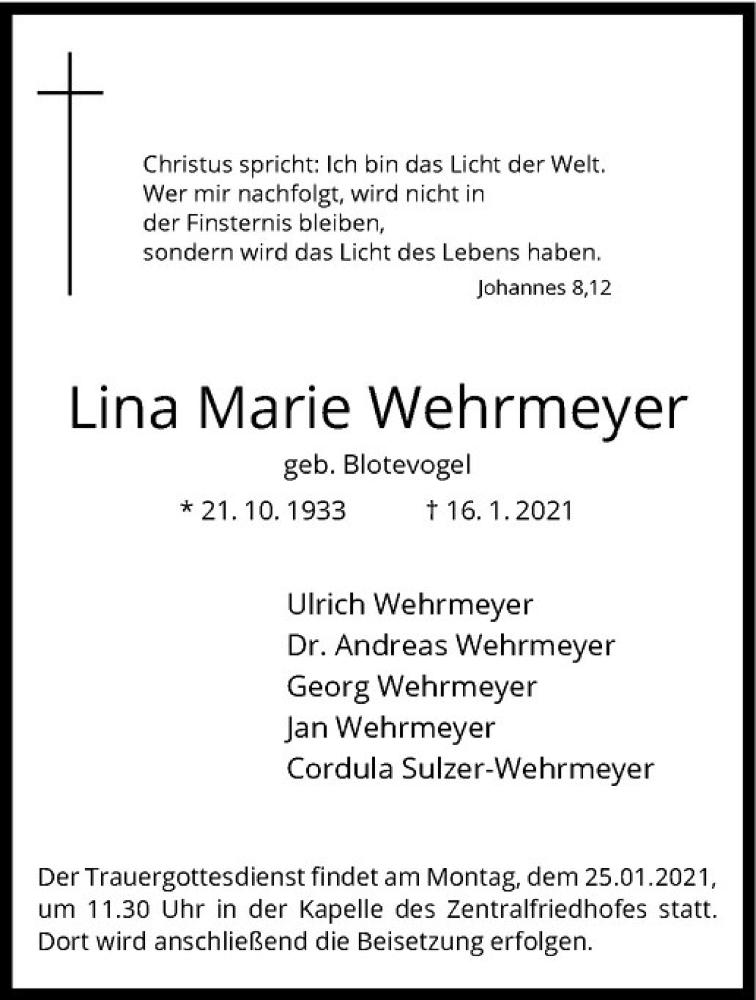  Traueranzeige für Lina Marie Wehrmeyer vom 22.01.2021 aus Westfälische Nachrichten