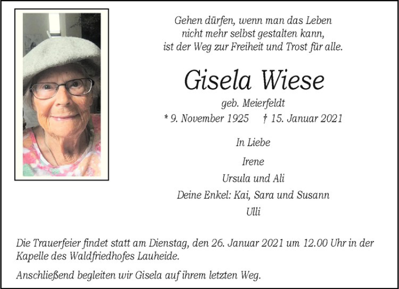  Traueranzeige für Gisela Wiese vom 23.01.2021 aus Westfälische Nachrichten
