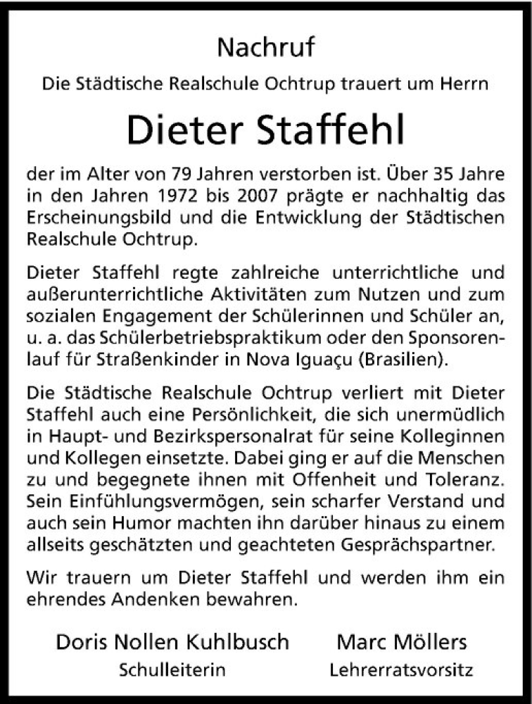  Traueranzeige für Dieter Staffehl vom 05.01.2021 aus Westfälische Nachrichten